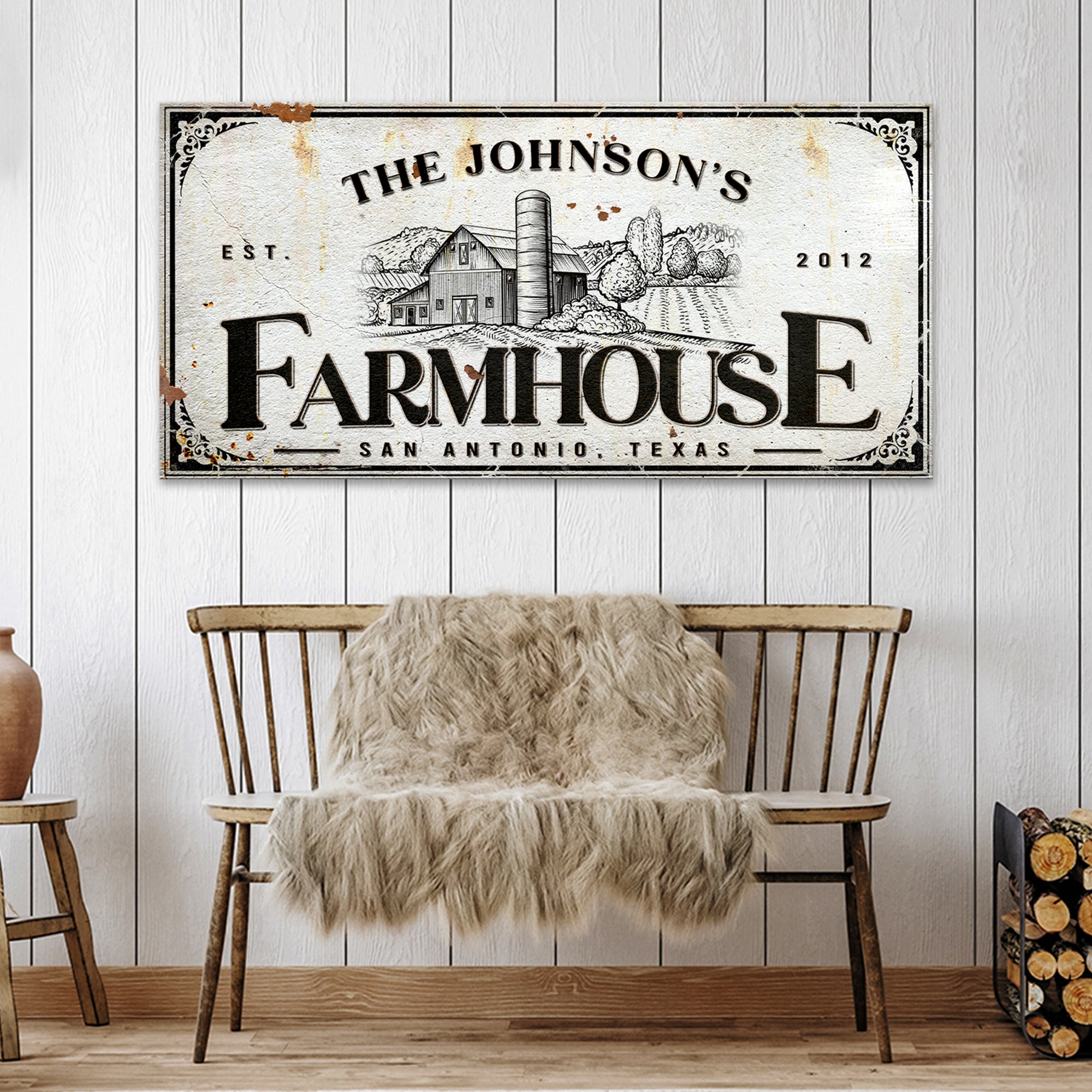 Rustic farmhouse sign canvas, personalized farmhouse sign with name est ...
