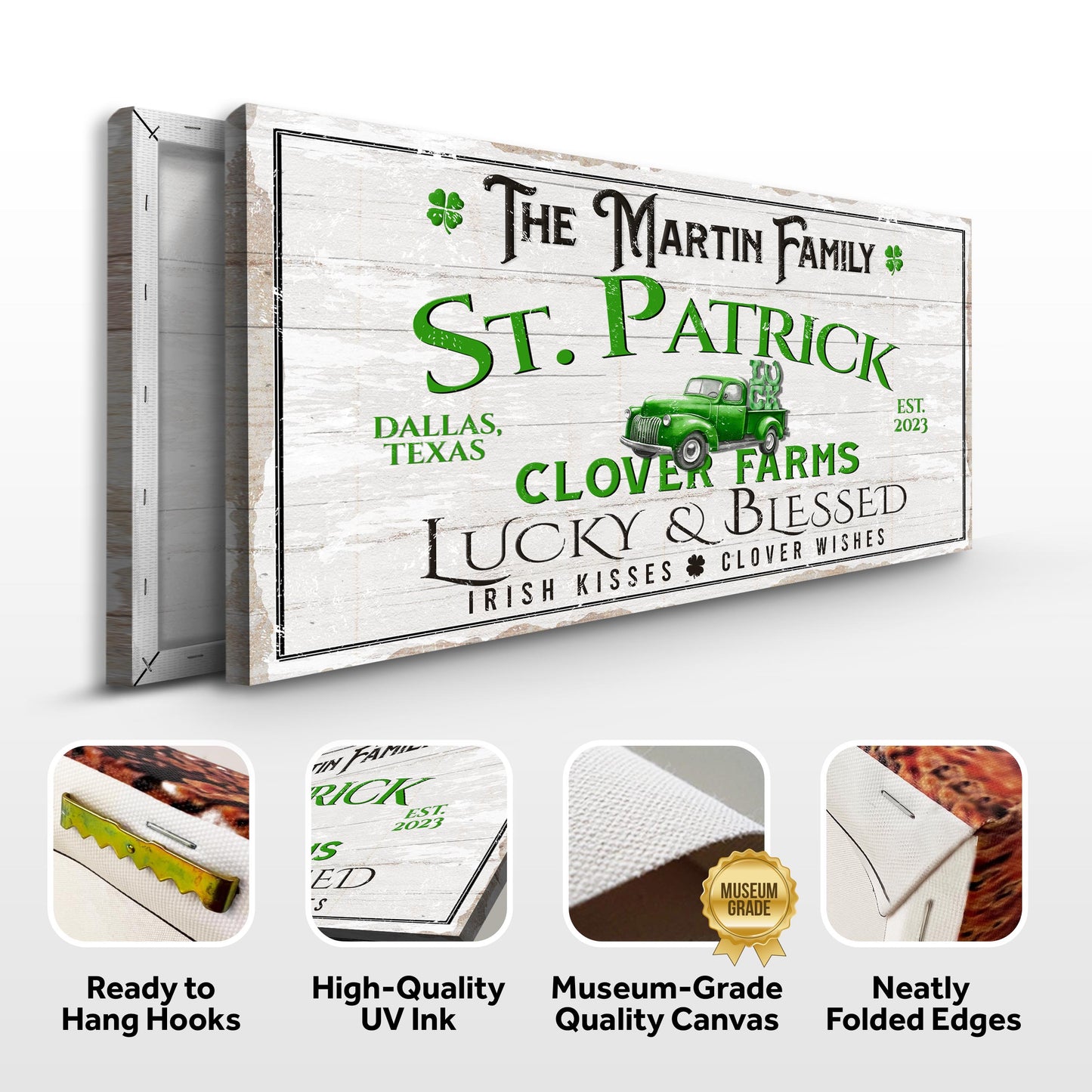 Custom St. Patrick Farmhouse Family Sign Specs - Image by Tailored Canvases