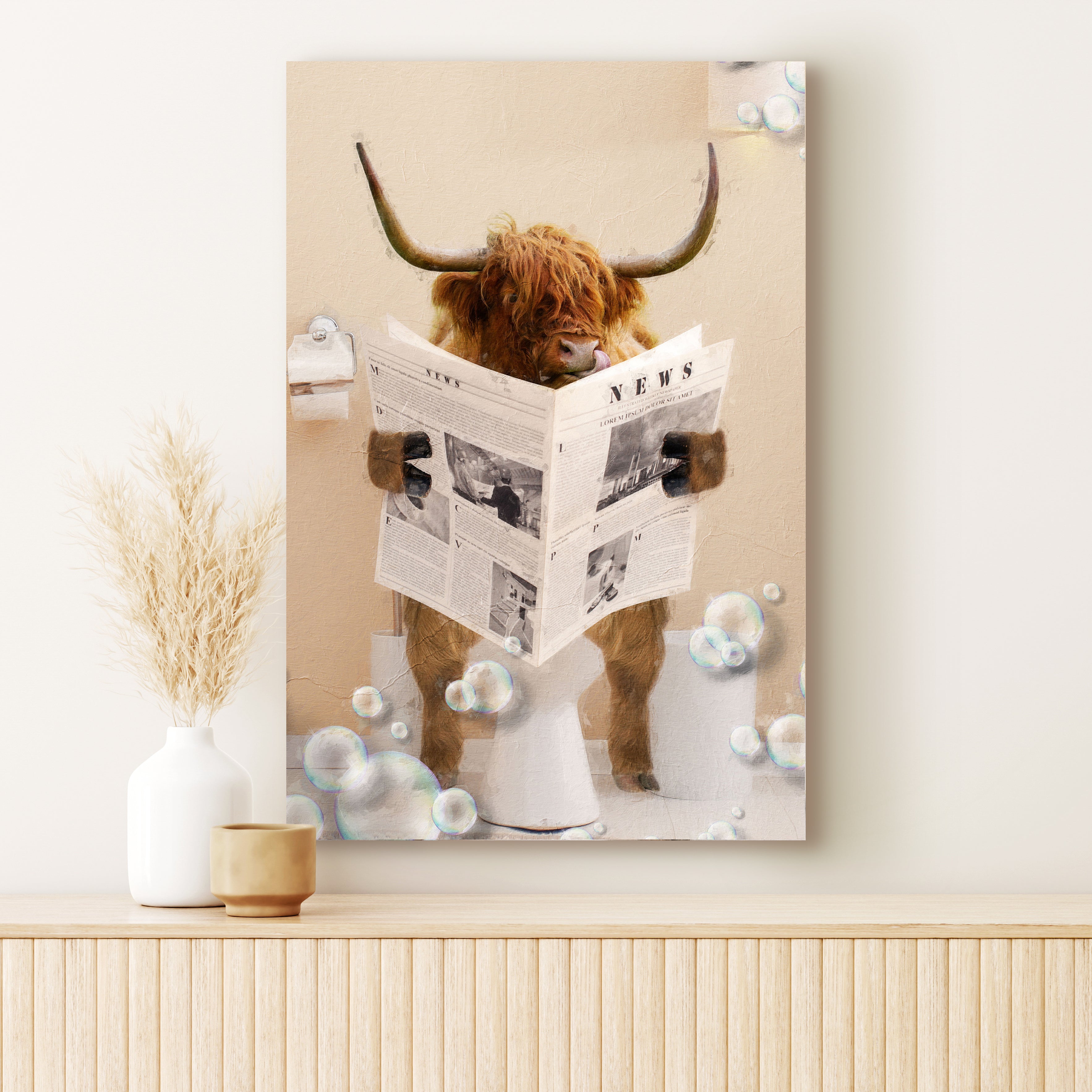 Highland Cow Reading Newspaper Canvas Wall Art – Tailored Canvases