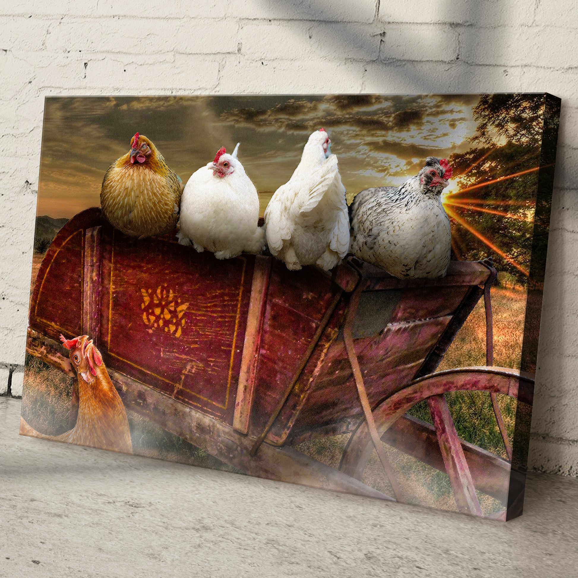 Modern Chickens On Wheelbarrow Canvas Wall Art Style 1 - Image by Tailored Canvases