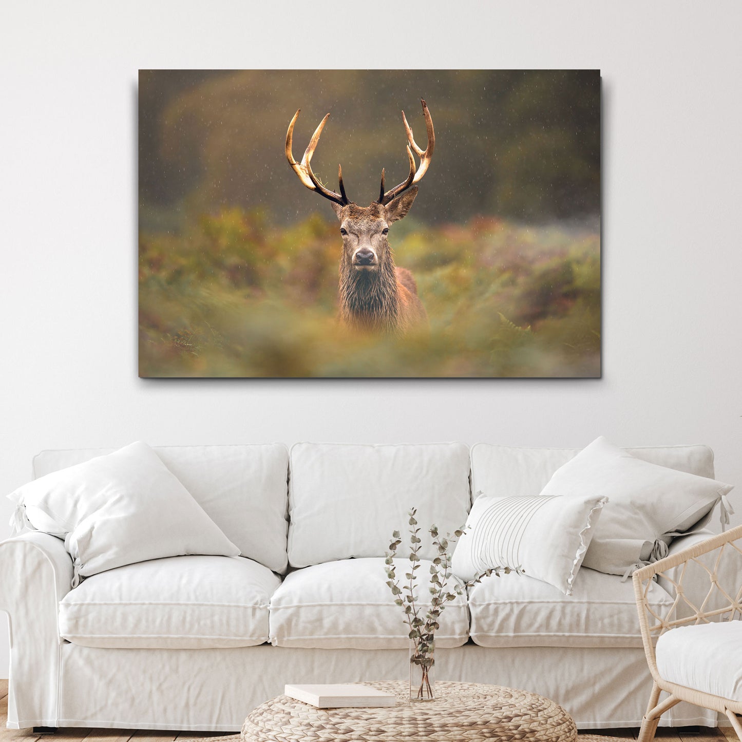 Antler Deer In A Misty Forest Canvas Wall Art