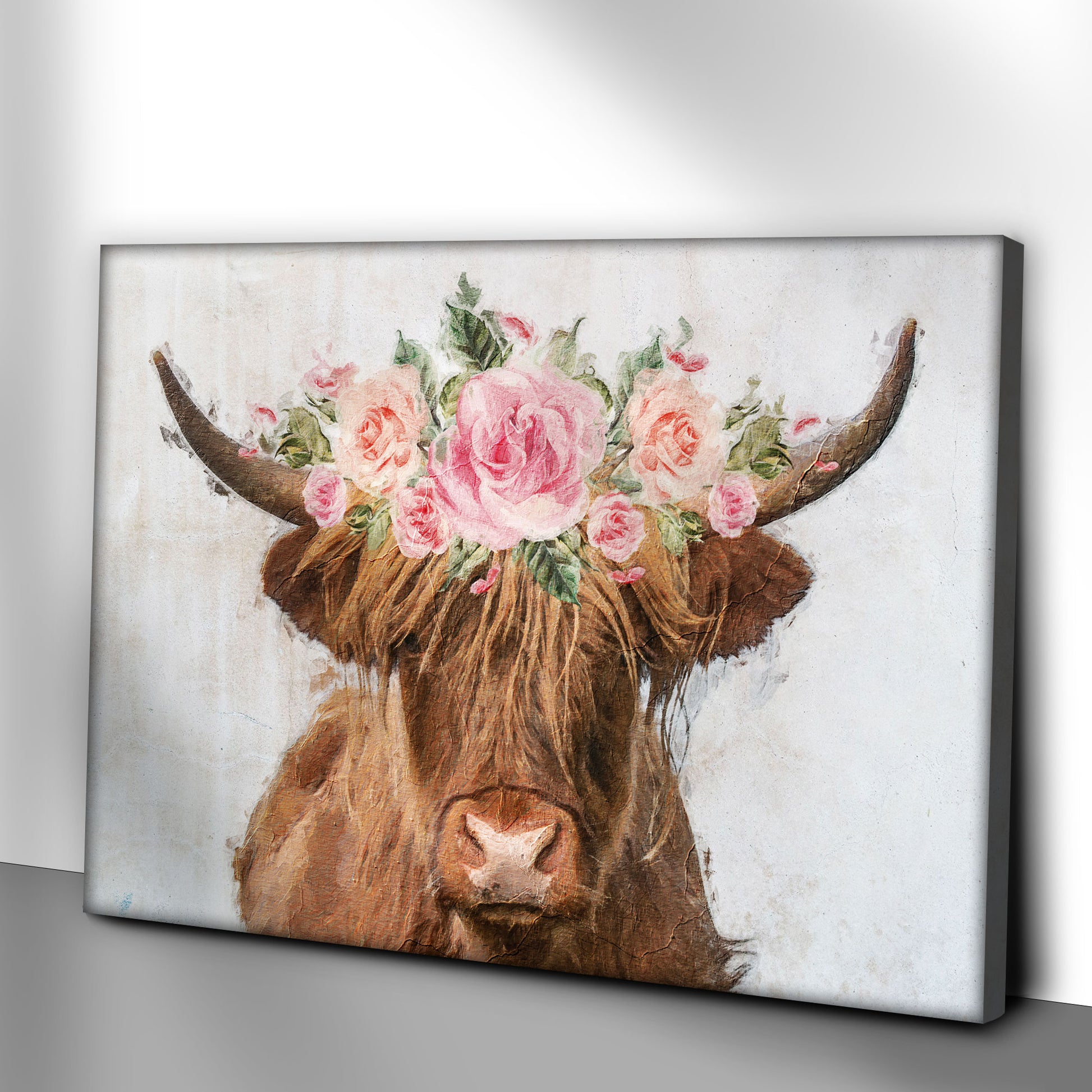 Highland Cow Floral Wreath Painting Canvas Wall Art Style 1 - Image by Tailored Canvases