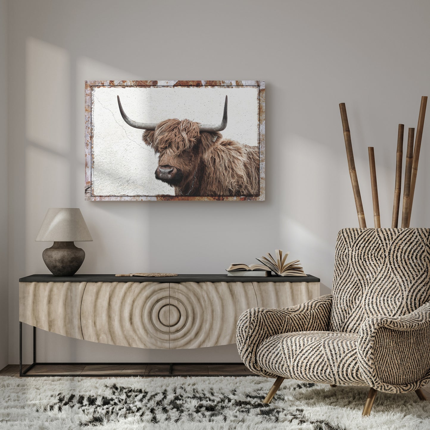 Natural Rustic Highland Cow Canvas Wall Art (Free Shipping)