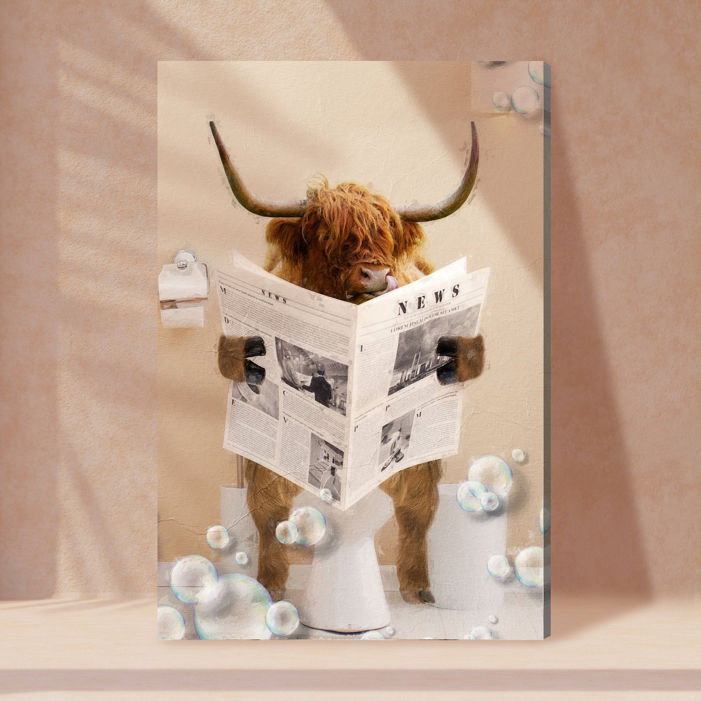 Highland Cow Reading Newspaper Canvas Wall Art (Free Shipping)
