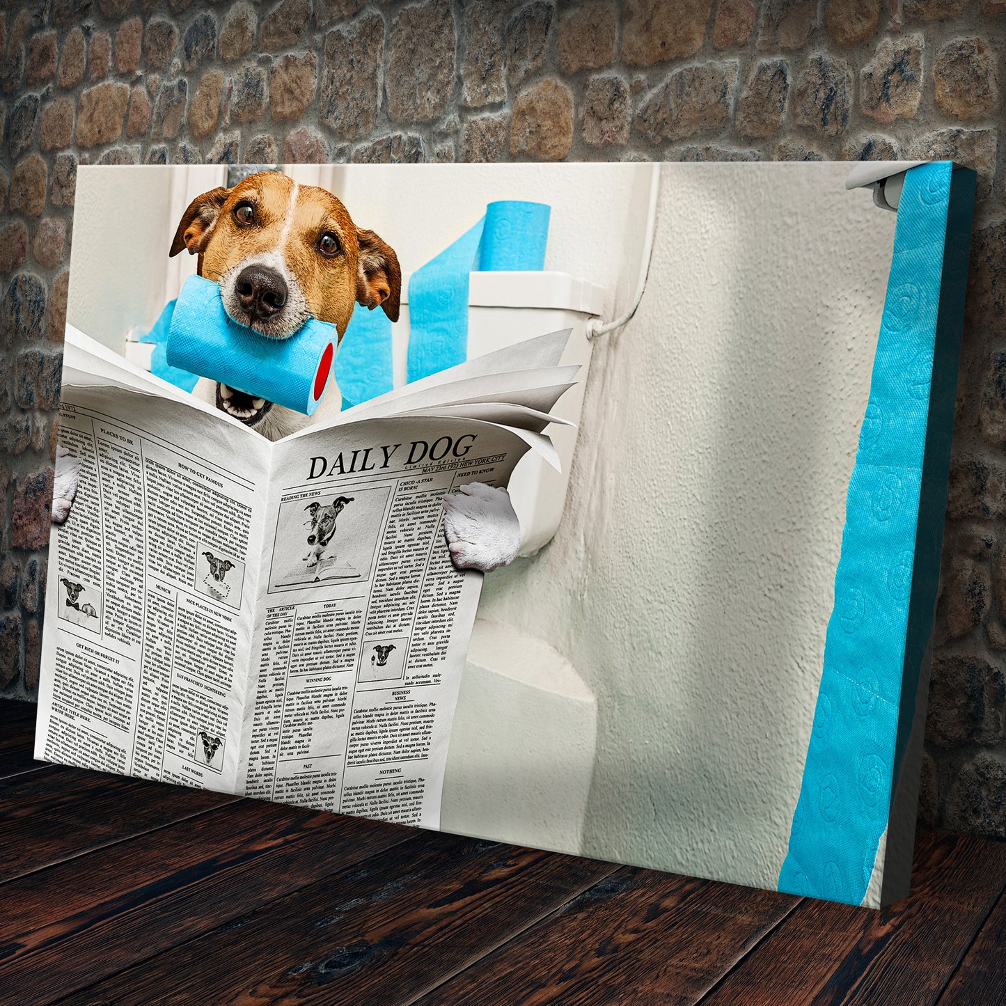 Dog Reading Newspaper On Toilet Canvas Wall Art Style 2 - Image by Tailored Canvases