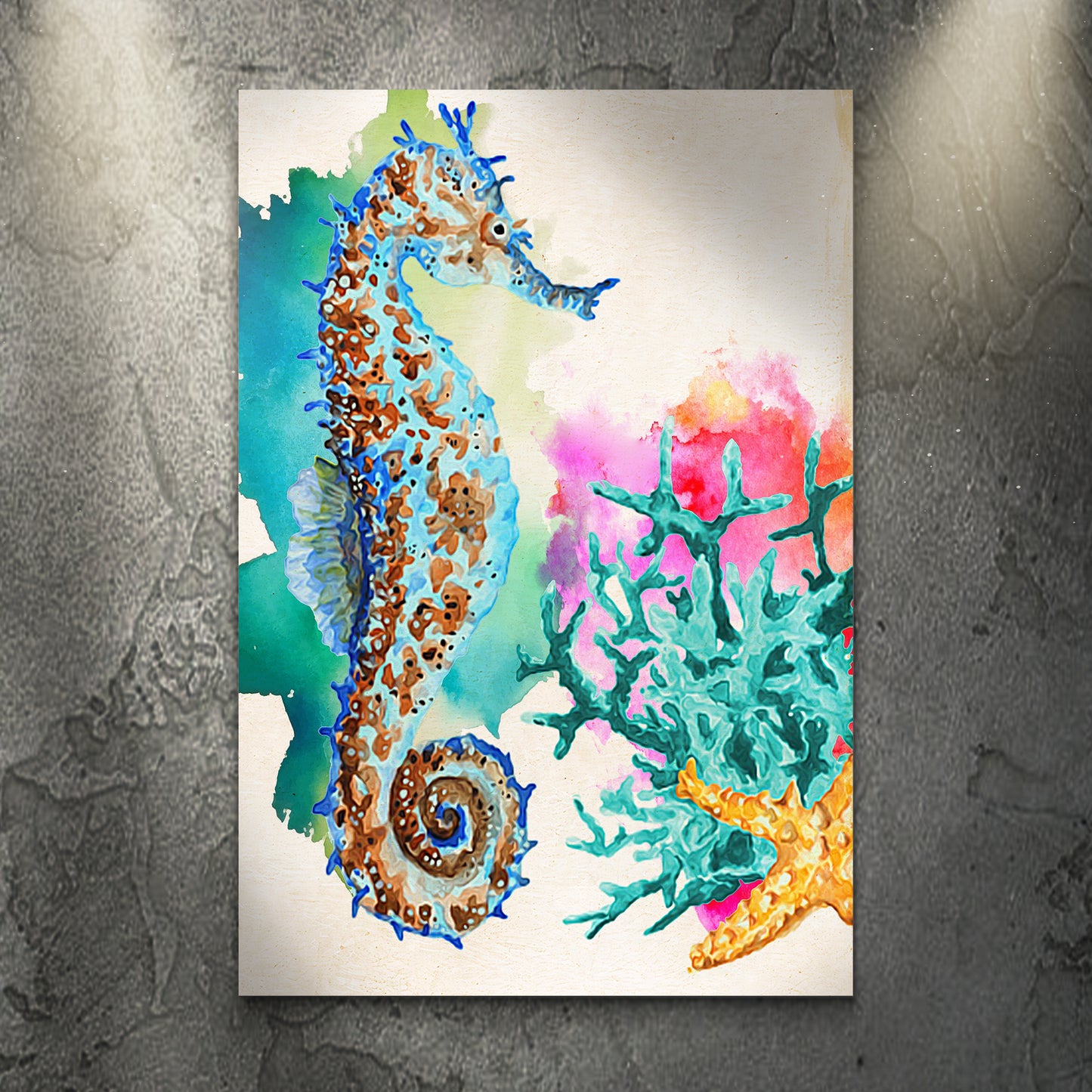 Vibrant Seahorse Watercolor Portrait Canvas Wall Art Style 1 - Image by Tailored Canvases