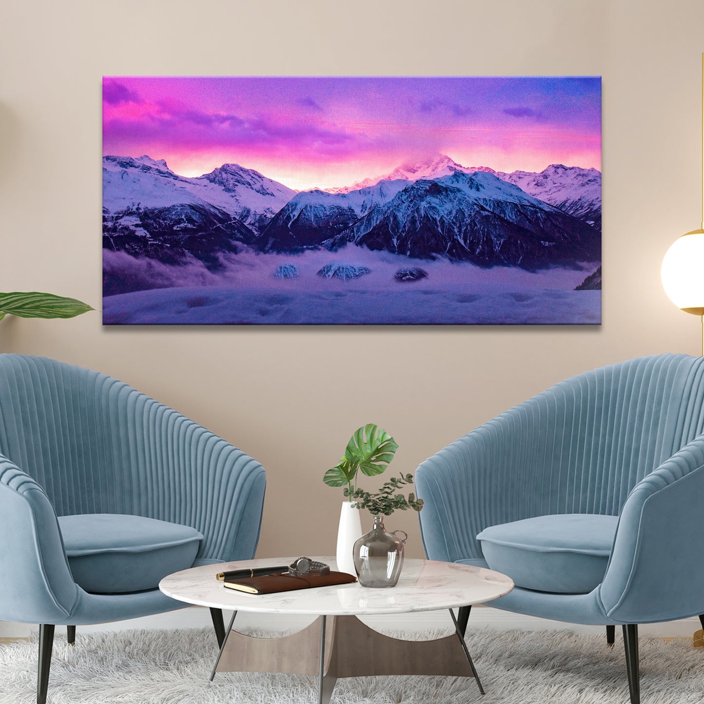 Pink Sky Over Snowy Mountains Canvas Wall Art Style 2 - Image by Tailored Canvases