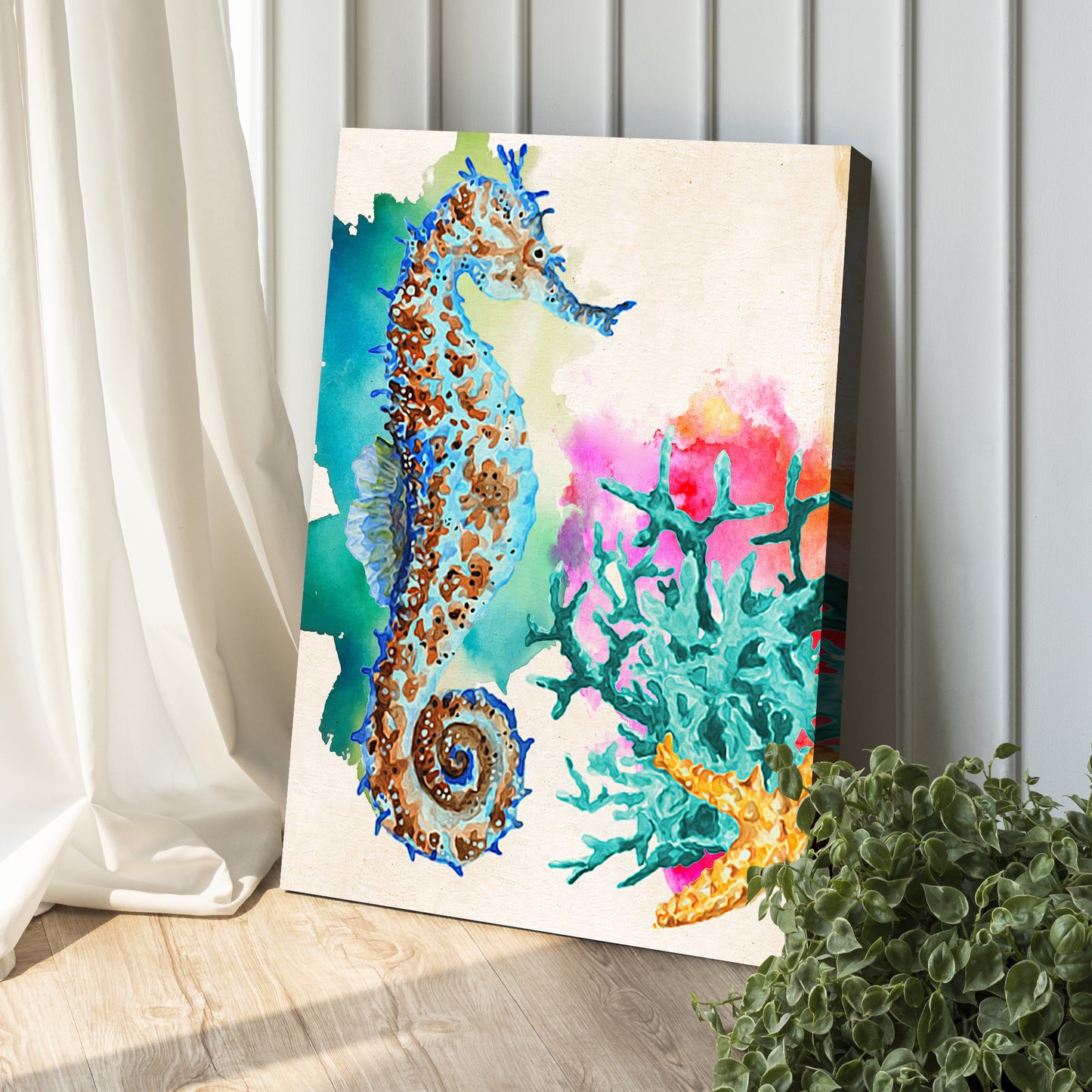 Vibrant Seahorse Watercolor Portrait Canvas Wall Art Style 2 - Image by Tailored Canvases