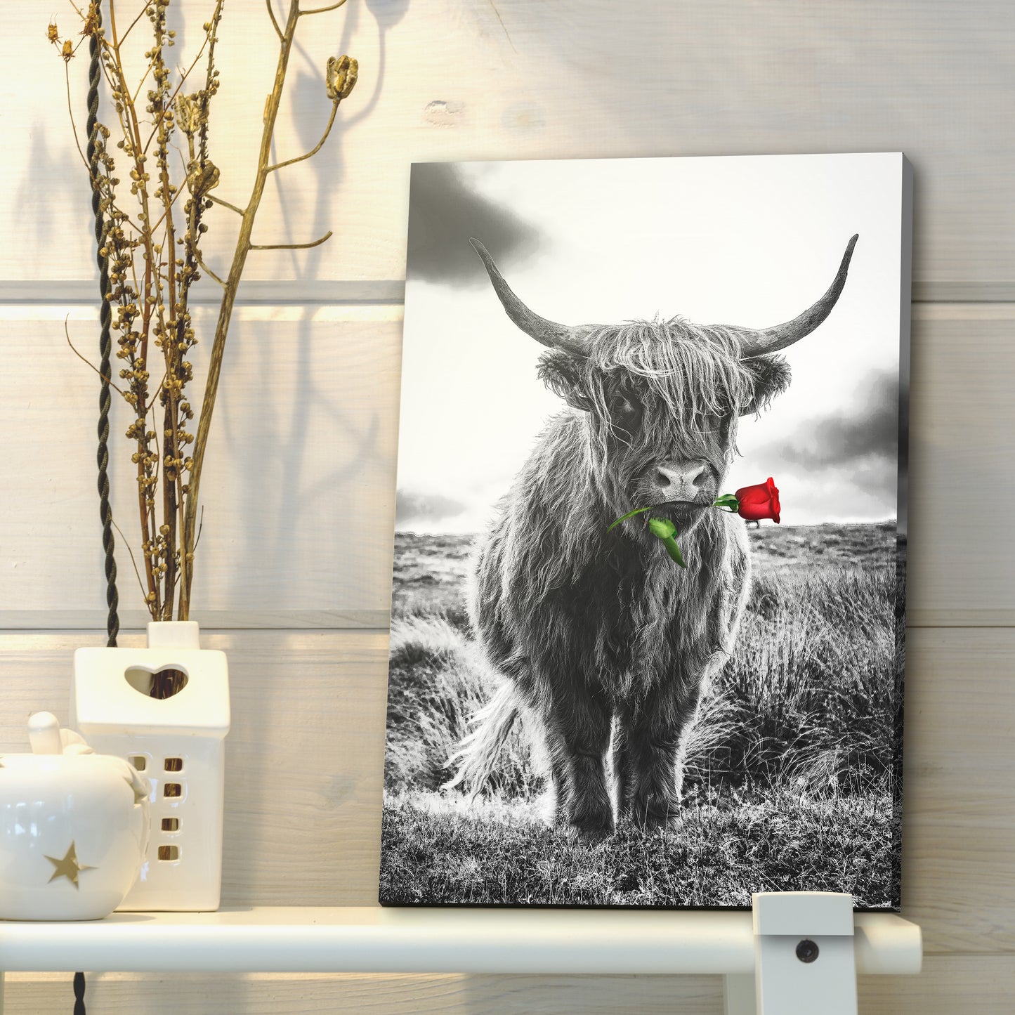 Freedom Highland Cow Rose Canvas Wall Art Style 1 - Image by Tailored Canvases 