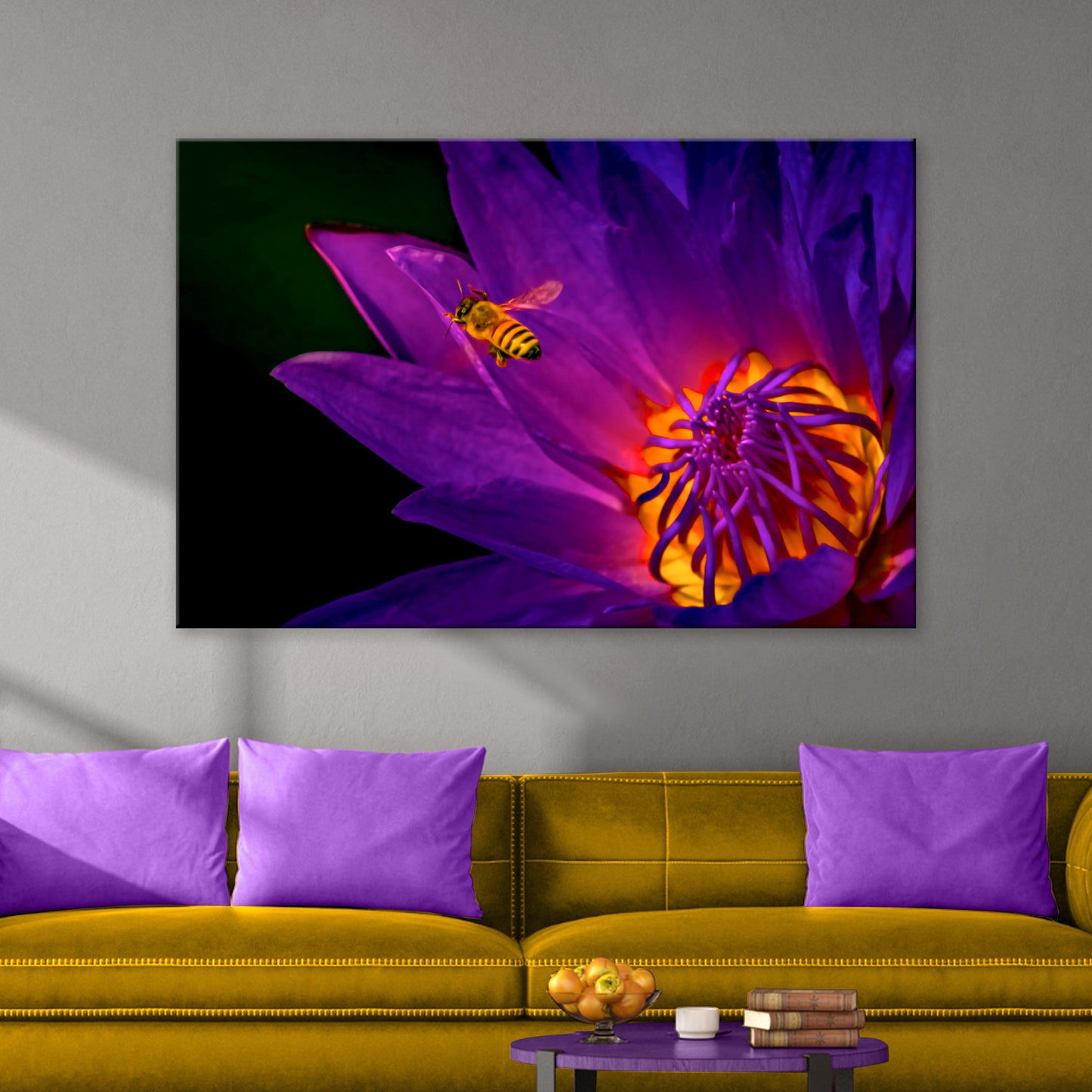 Dramatic Bee On Purple Flower Canvas Wall Art