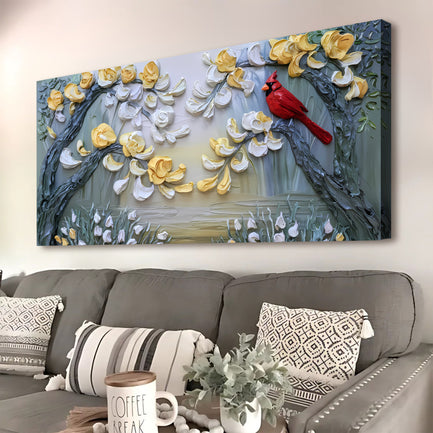 Golden Petals and Scarlet Wings Impasto Wall Art