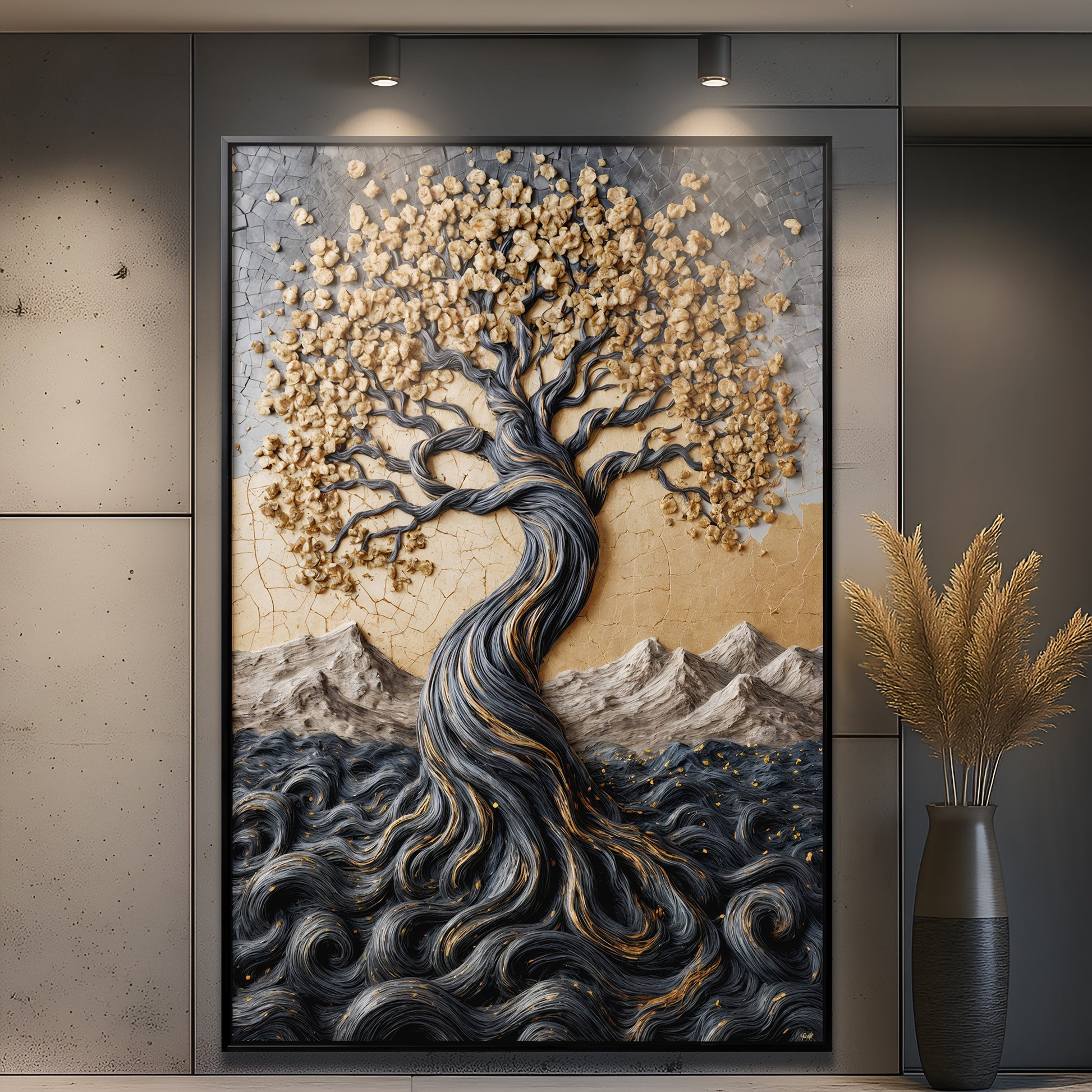 Golden Tree of Life Minimalist Impasto Wall Art