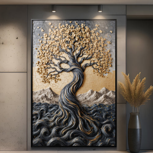 Golden Tree of Life Minimalist Impasto Wall Art