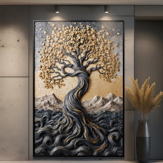 Golden Tree of Life Minimalist Impasto Wall Art