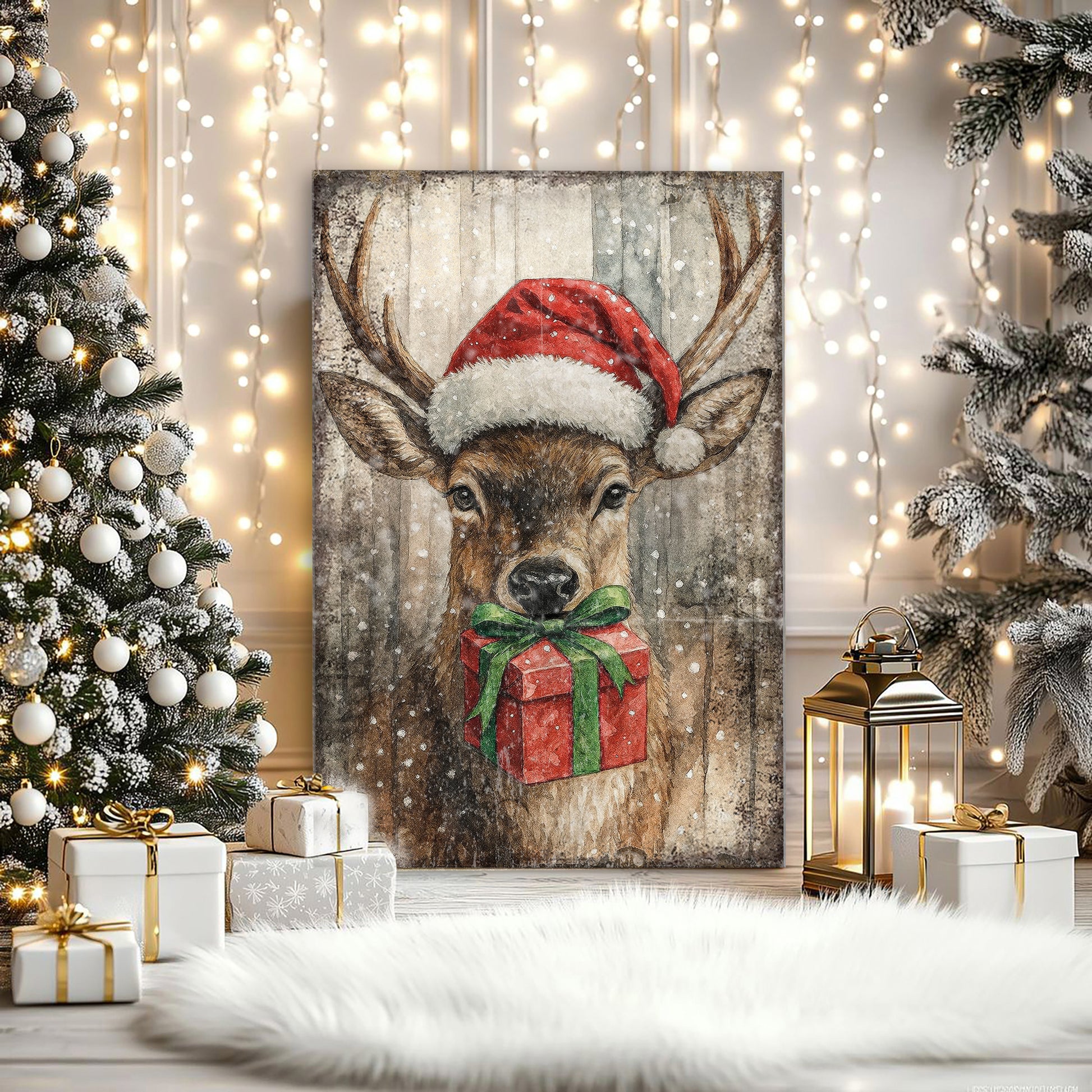 Reindeer with Santa Hat Christmas Wall Art