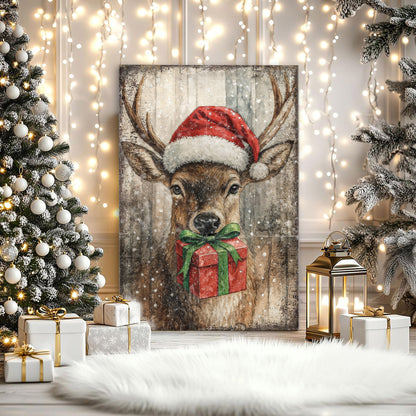 Reindeer with Santa Hat Christmas Wall Art