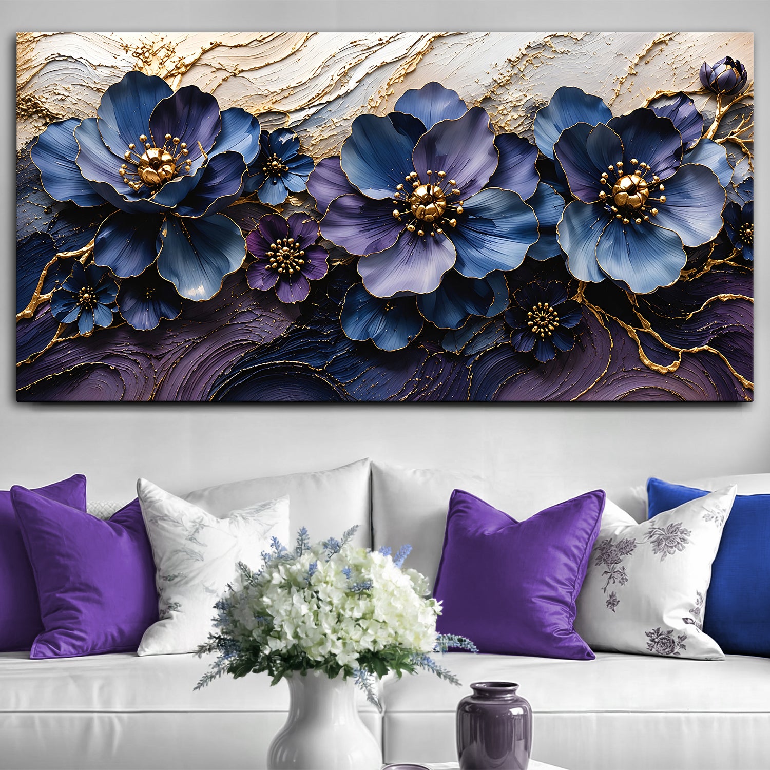 Sapphire & Gold Floral Symphony Wall Art