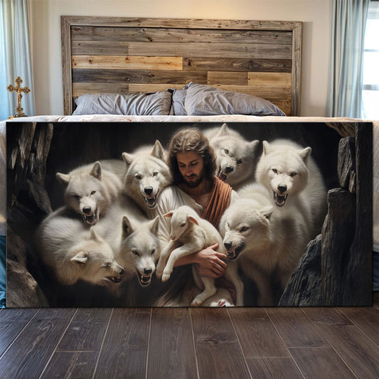 Jesus Protects The Lamb From Wolves Faith Wall Art IV