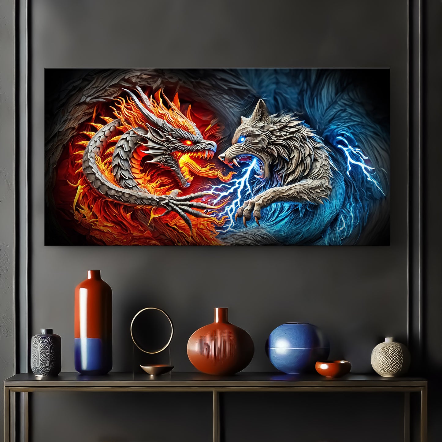 3D Dragon and Wolf Wall Art II