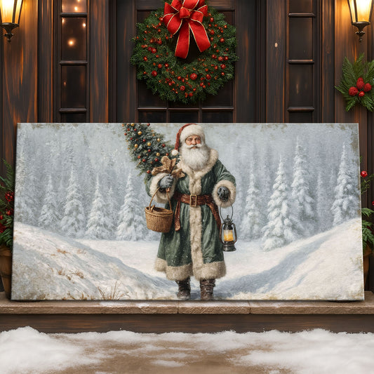Vintage Green Santa in the Snow Christmas Wall Art