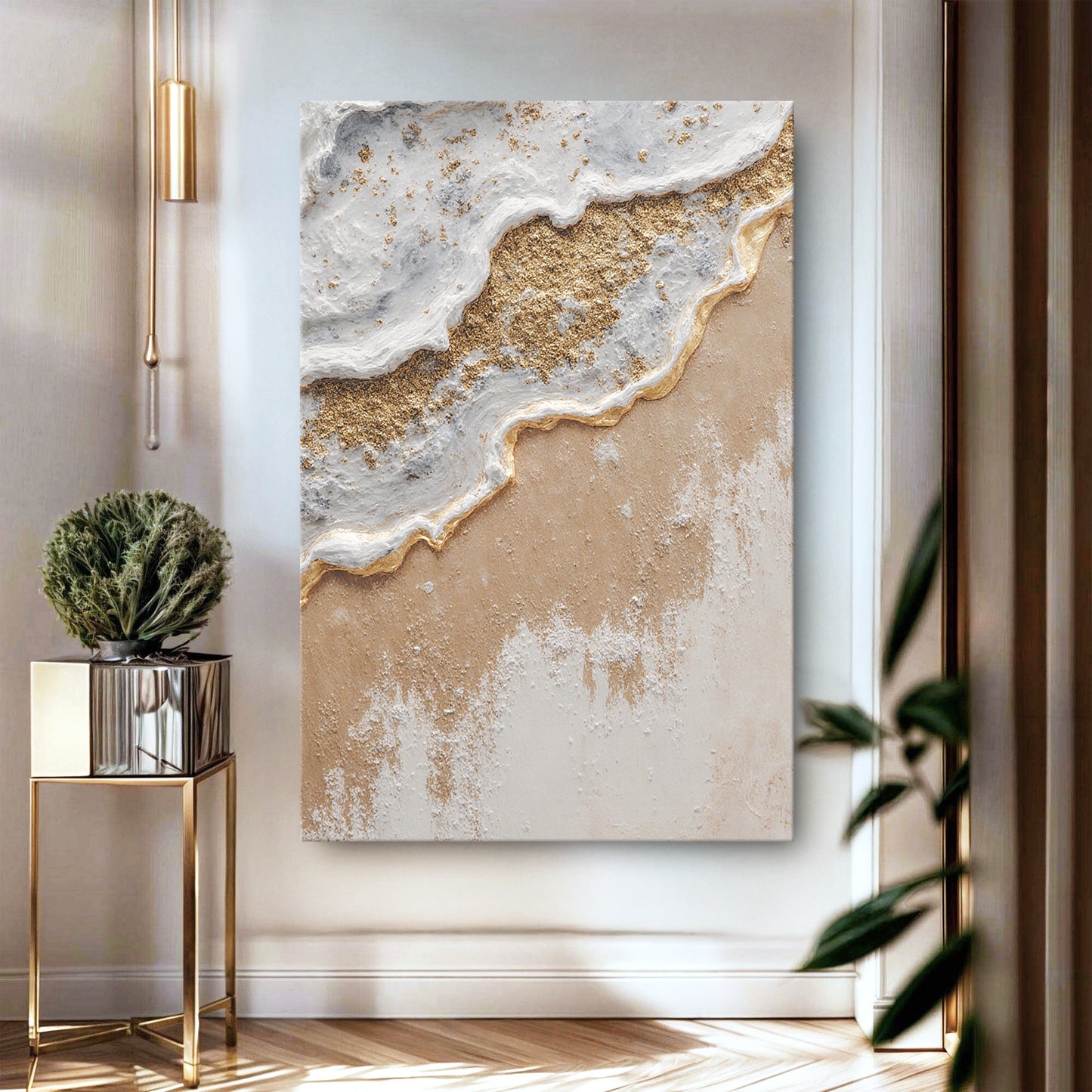 White Waves Golden Sand Abstract Wall Art
