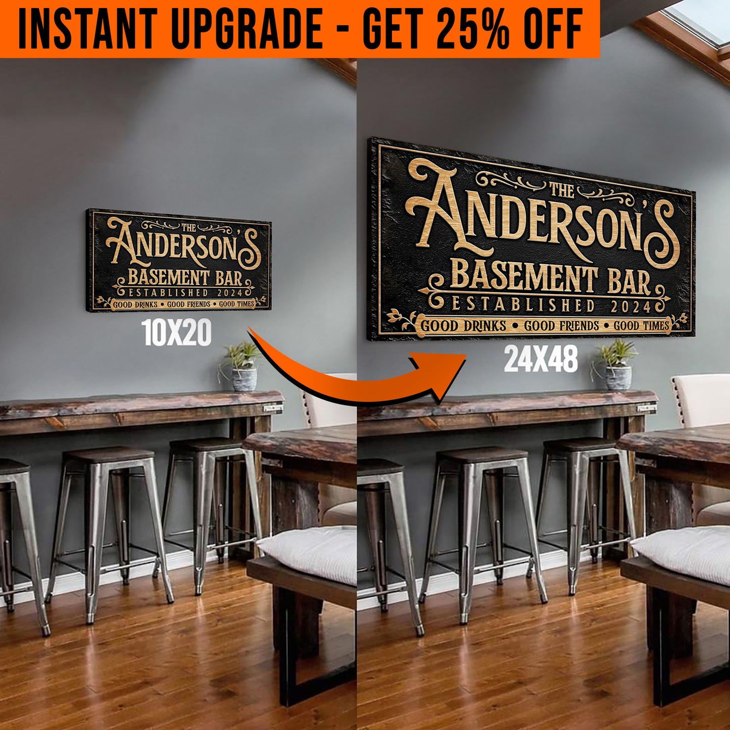 Upgrade Your 20x10 Inches 'Custom Basement Bar' (Style 1) Canvas To 48x24 Inches