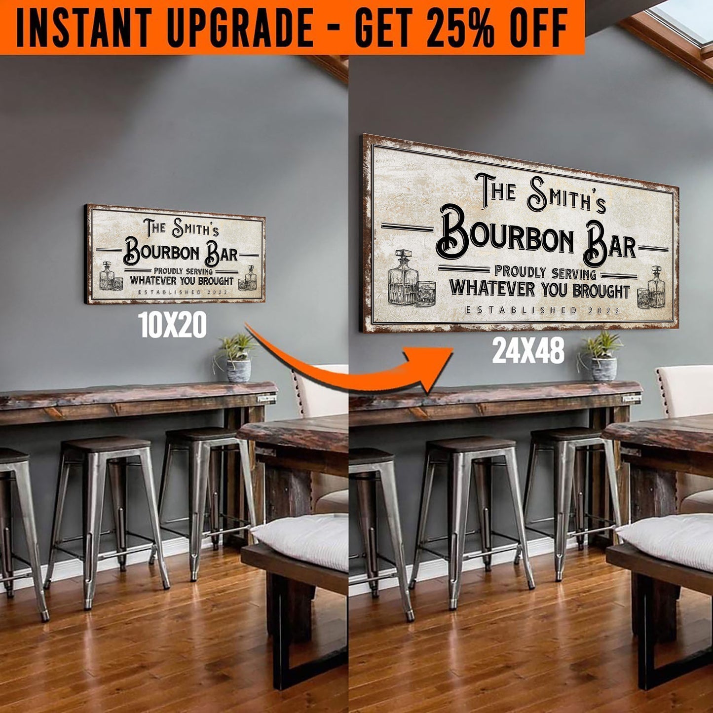 Upgrade Your 20x10 Inches 'Personalized Bourbon Bar' Canvas To 48x24 Inches