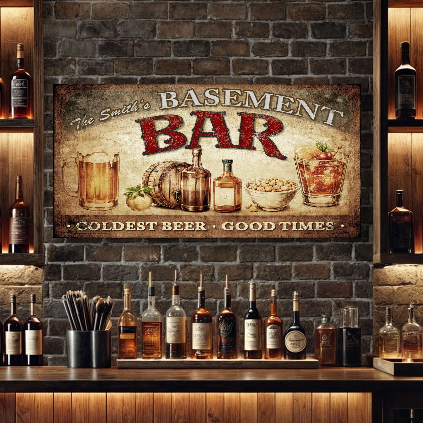 Personalized Rustic Basement Bar Wall Sign