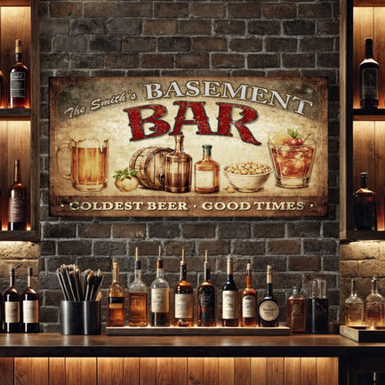 Personalized Rustic Basement Bar Wall Sign