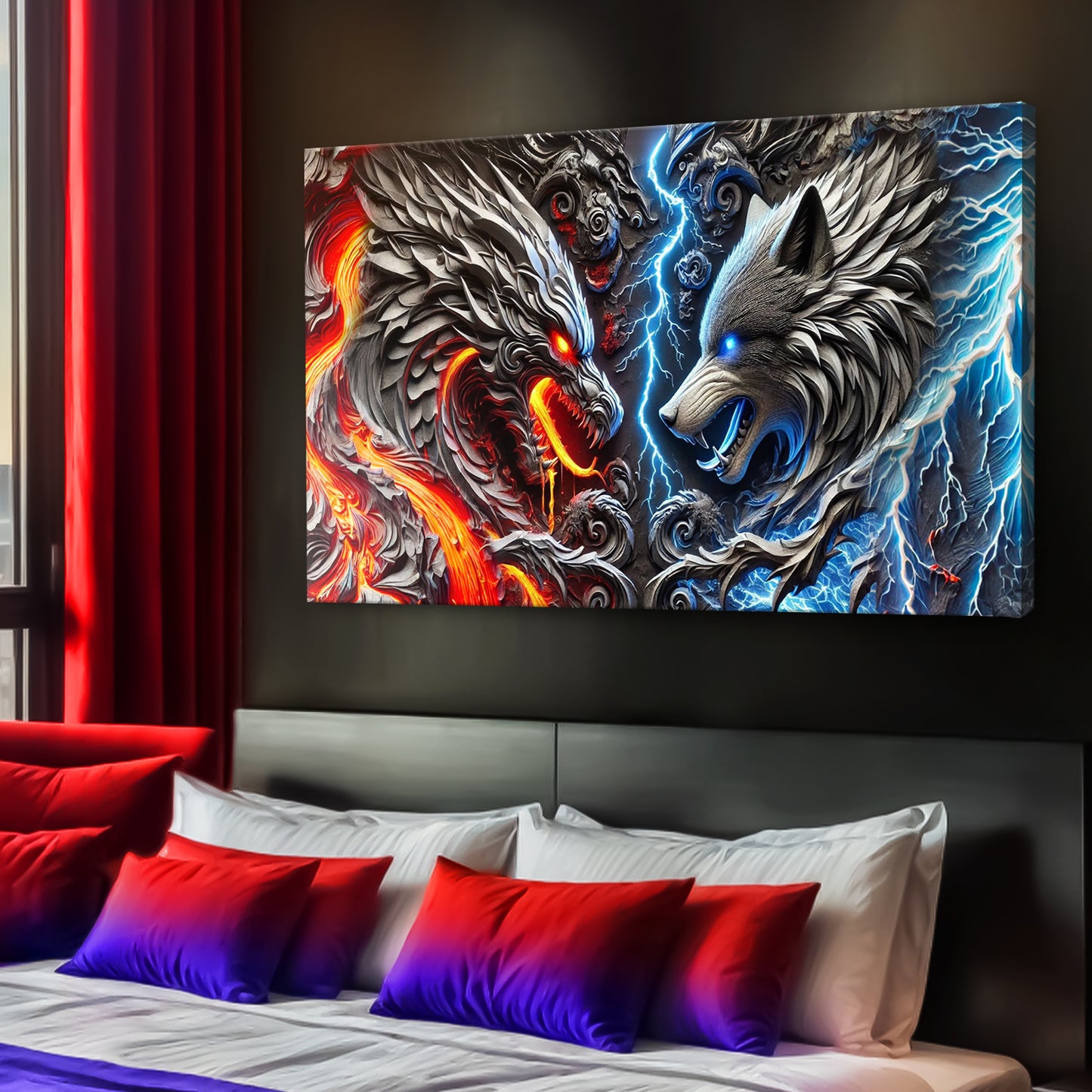 3D Dragon and Wolf Wall Art IV