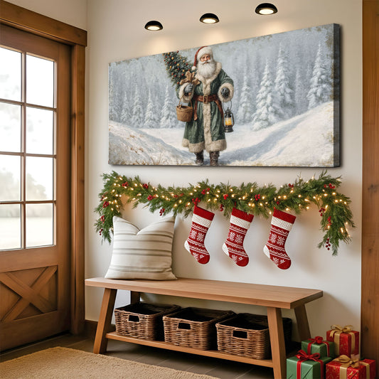 Vintage Green Santa in the Snow Christmas Wall Art