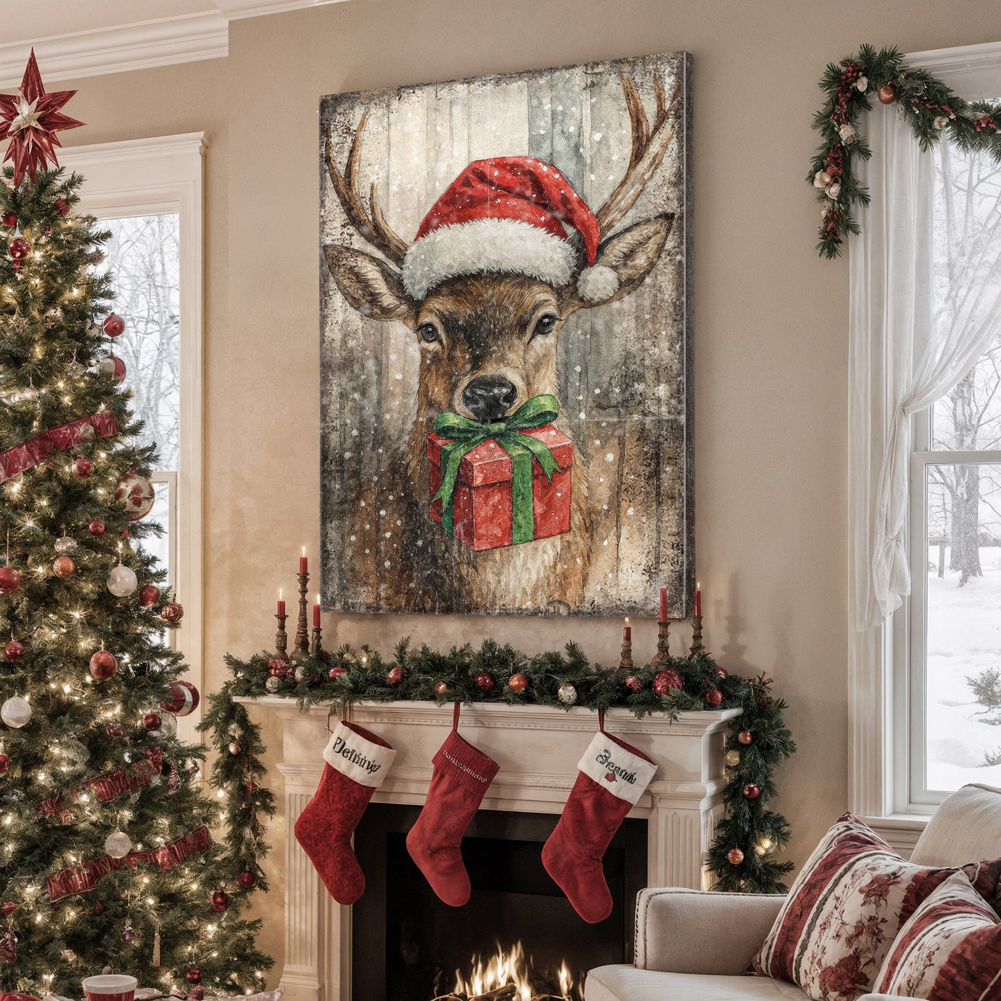 Reindeer with Santa Hat Christmas Wall Art
