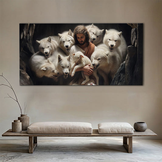 Jesus Protects The Lamb From Wolves Faith Wall Art IV