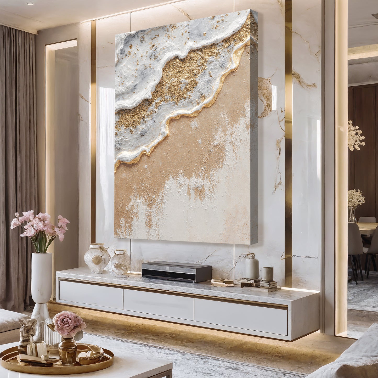 White Waves Golden Sand Abstract Wall Art