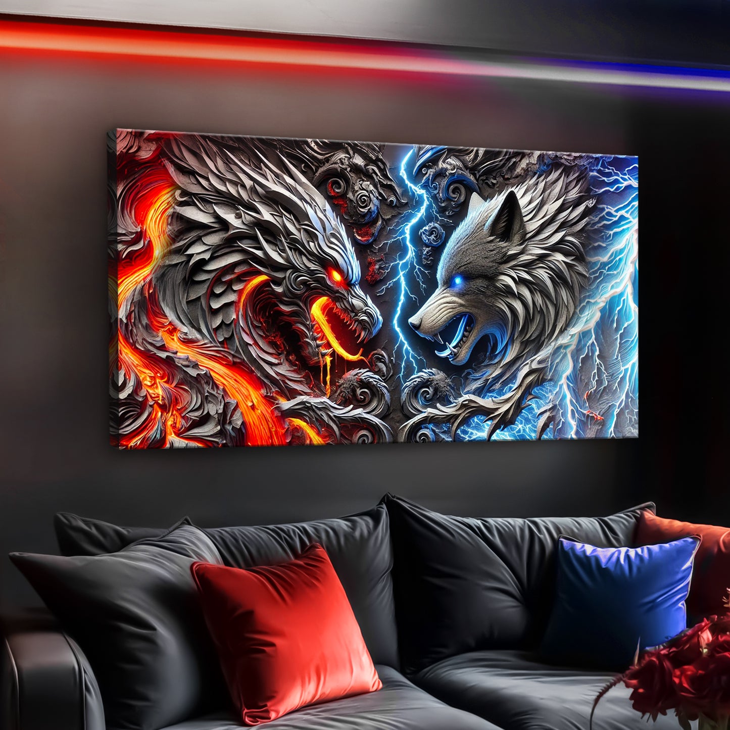 3D Dragon and Wolf Wall Art IV