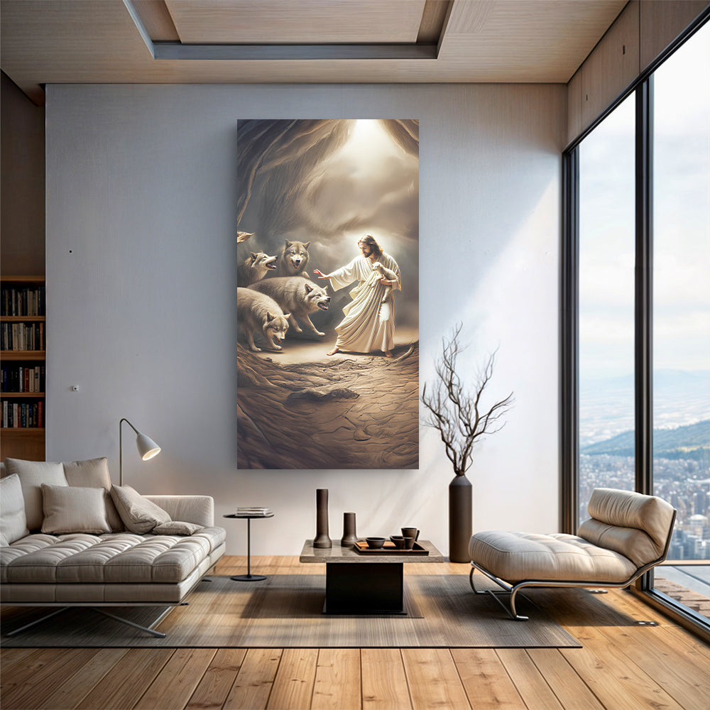 Jesus Protects The Lamb From Wolves Faith Wall Art VII
