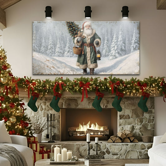 Vintage Green Santa in the Snow Christmas Wall Art