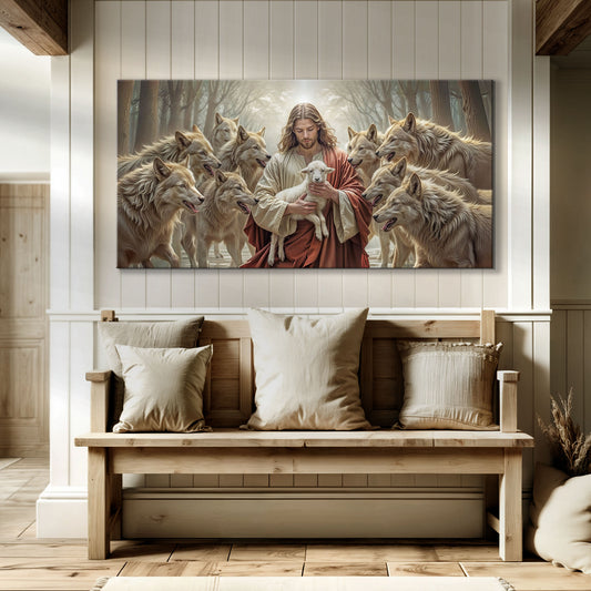 Jesus Protects The Lamb From Wolves Faith Wall Art II
