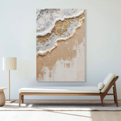 White Waves Golden Sand Abstract Wall Art