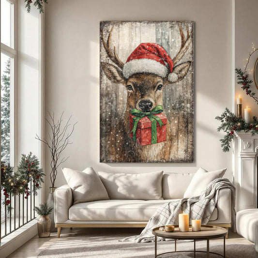 Reindeer with Santa Hat Christmas Wall Art