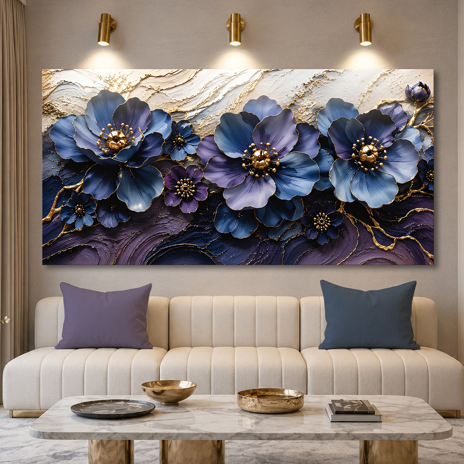 Sapphire & Gold Floral Symphony Wall Art
