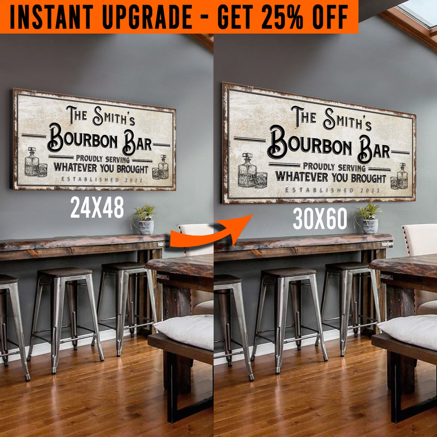 Upgrade Your 48x24 Inches 'Personalized Bourbon Bar' Canvas To 60x30 Inches