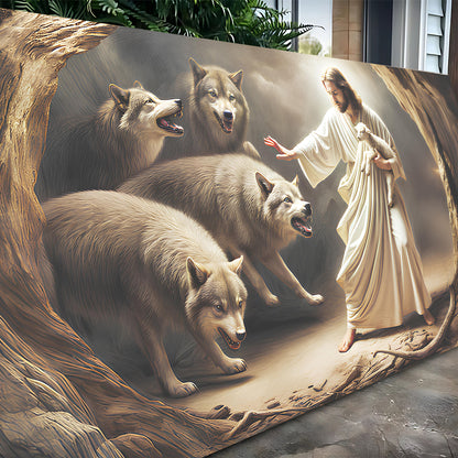 Jesus Protects The Lamb From Wolves Faith Wall Art III