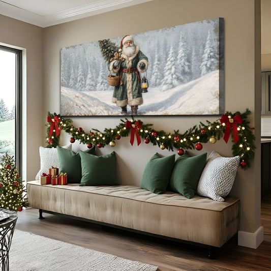 Vintage Green Santa in the Snow Christmas Wall Art