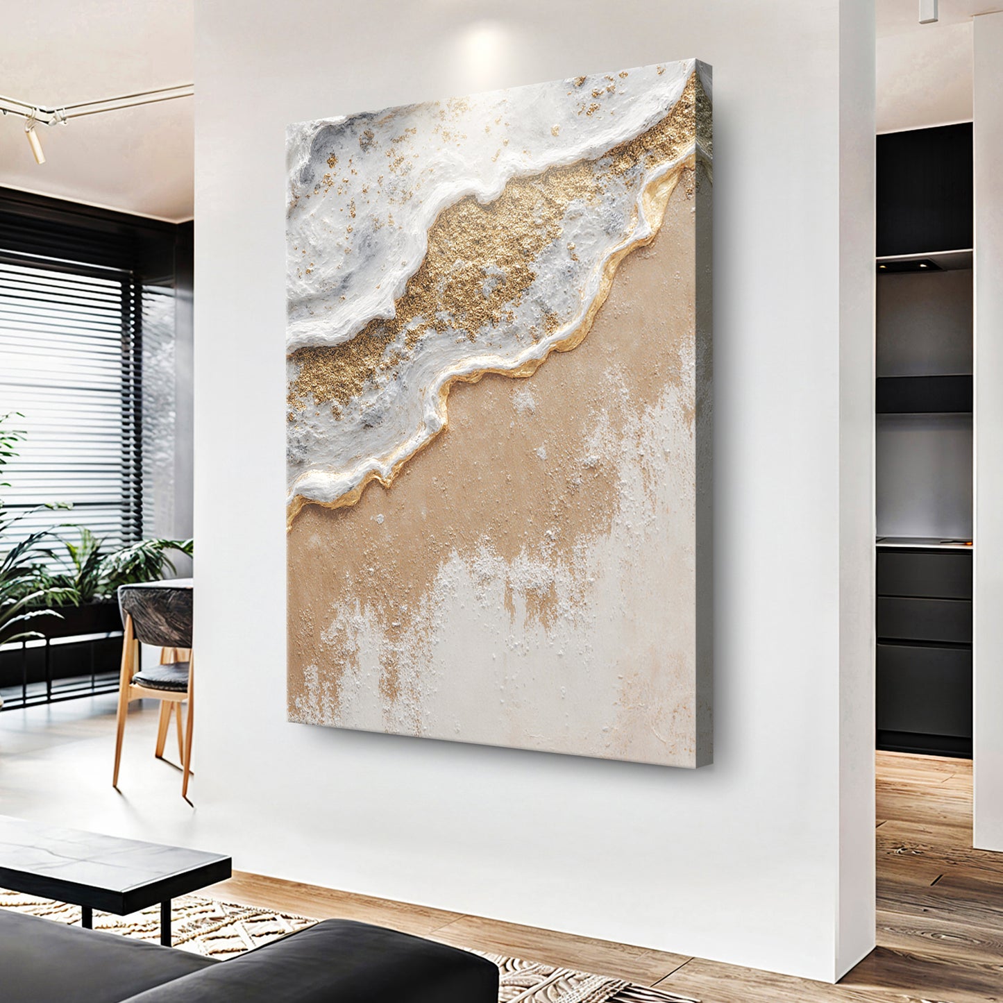 White Waves Golden Sand Abstract Wall Art
