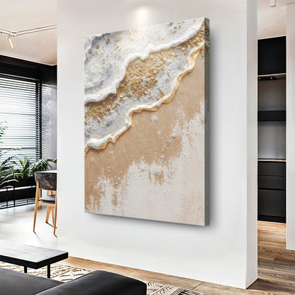 White Waves Golden Sand Abstract Wall Art