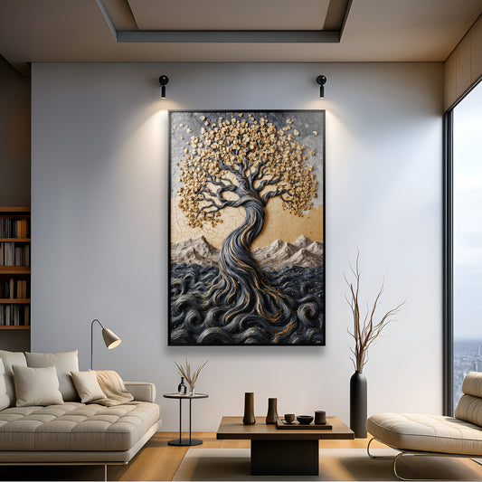 Golden Tree of Life Minimalist Impasto Wall Art