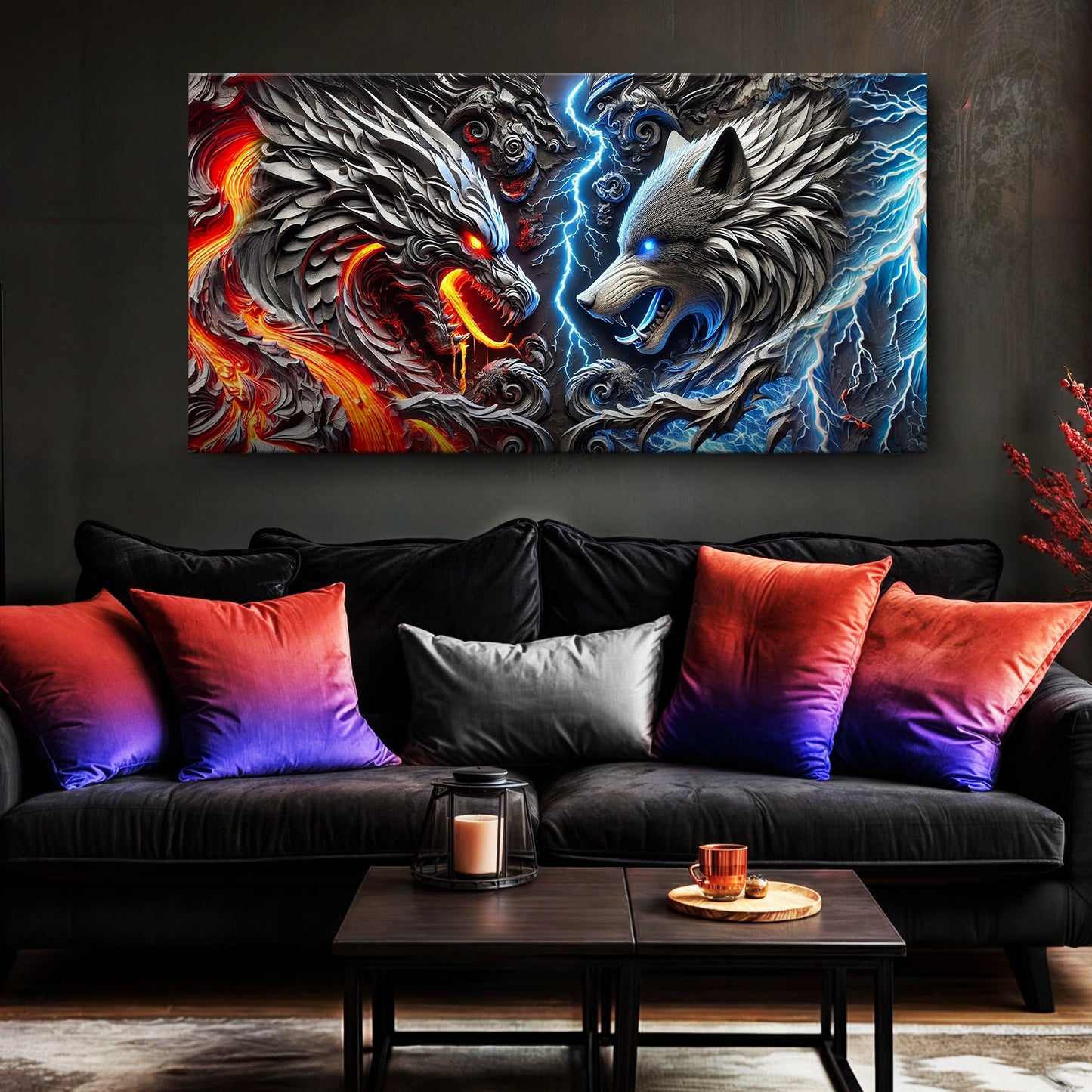 3D Dragon and Wolf Wall Art IV