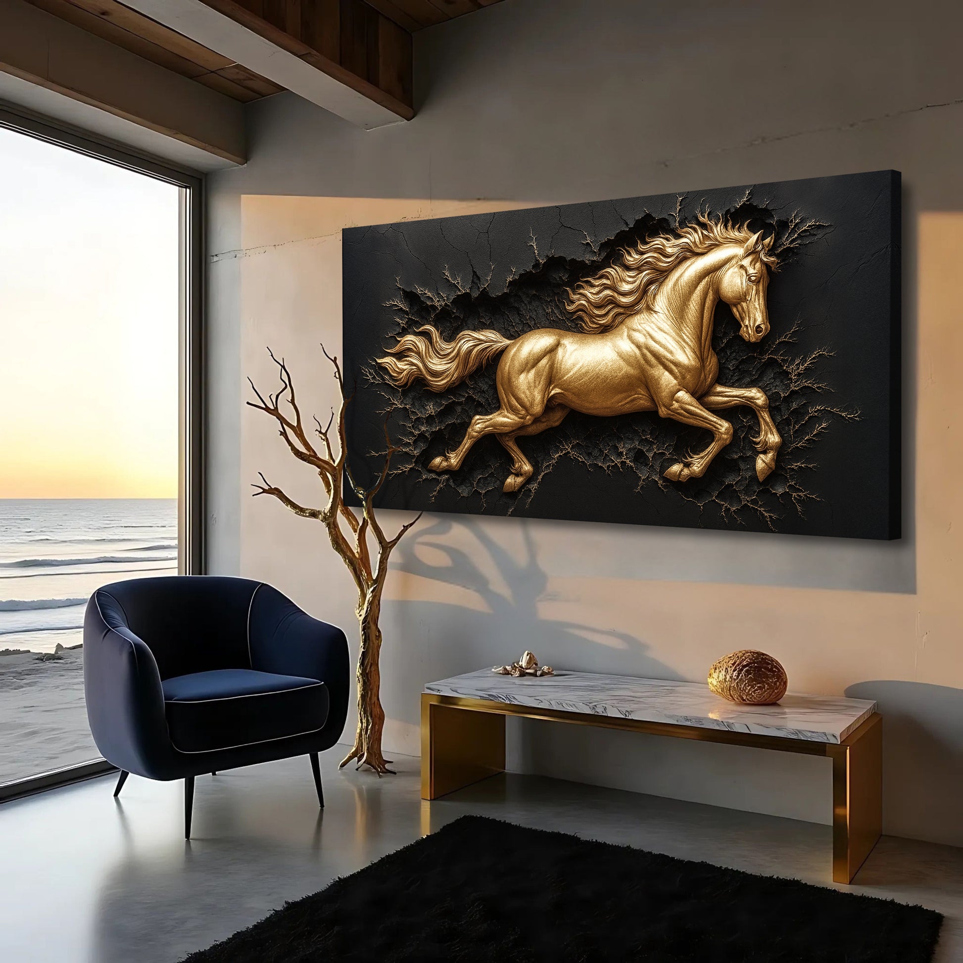 3D Celestial Gold Stallion Wall Art