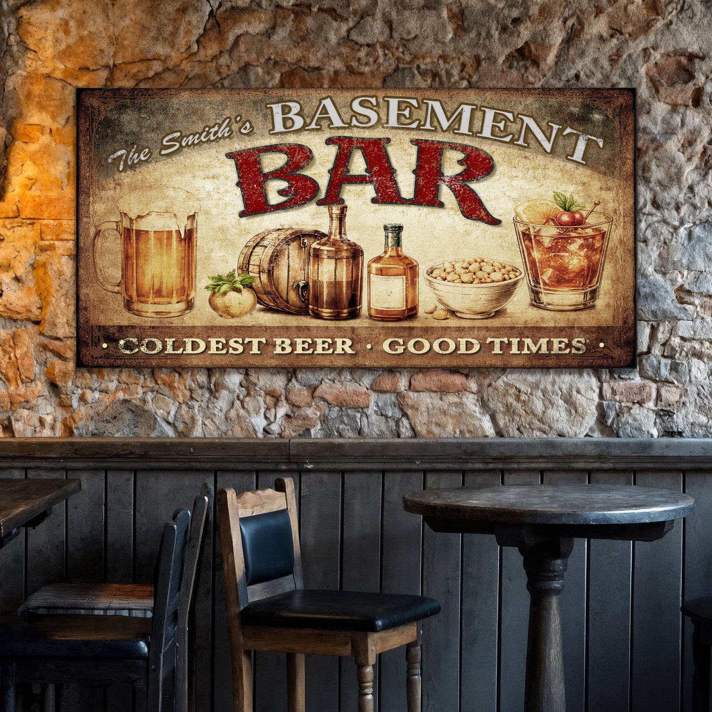 Personalized Rustic Basement Bar Wall Sign